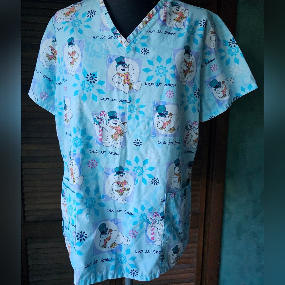 Frosty the Snowman Theme Short Sleeve VNeck Medical Scrub Top Womens Size Medium